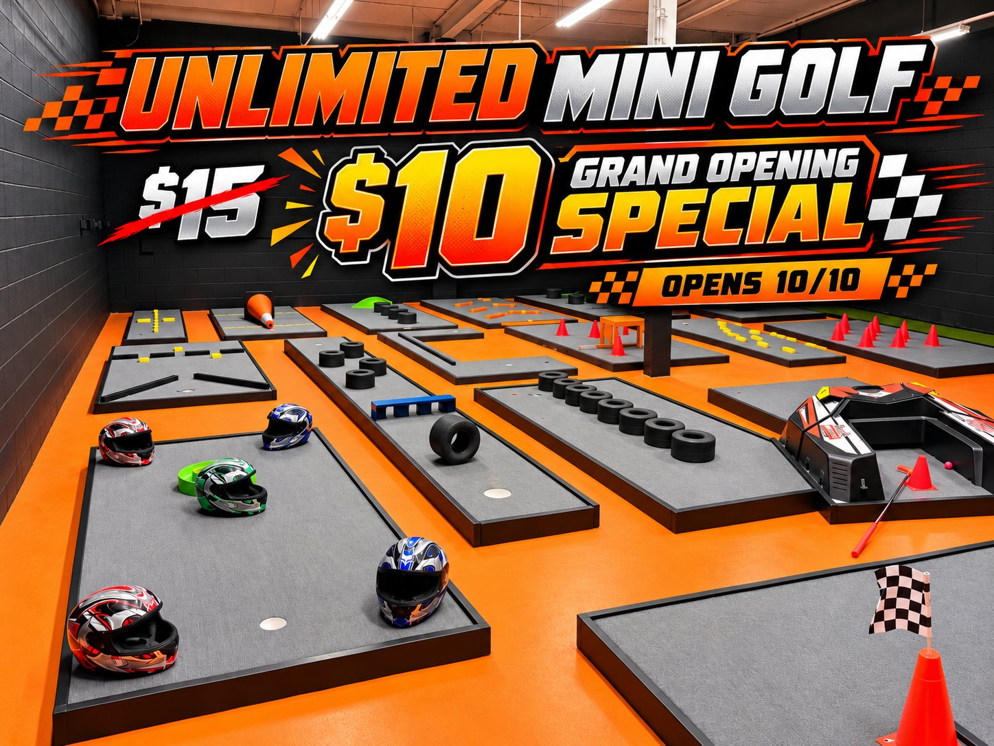 Racing-themed 18-hole mini golf course at Brass City Raceway with helmet, tire and traffic cone obstacles. Unlimited mini golf $10 grand opening special, opens 10/10